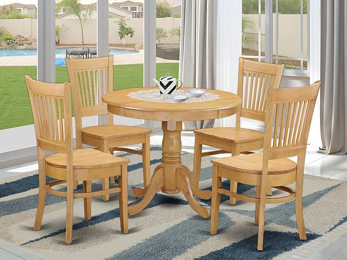 East West Furniture ANVA5-OAK-W 5 Piece Dining Set Includes a Round Dining Room Table with Pedestal and 4 Wood Seat Chairs, 36x36 Inch, Oak - LeafyLoom