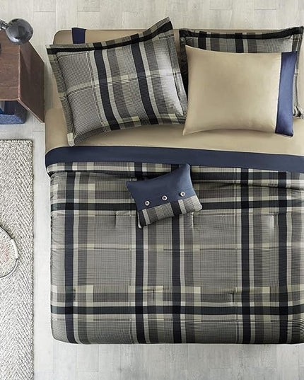 Intelligent Design Robbie Cozy Comforter Set Bed in A Bag, Modern Casual All Season Bedding Set, Matching Sham, Decorative Pillow, Navy/Tan, Twin XL, 7 Piece - LeafyLoom