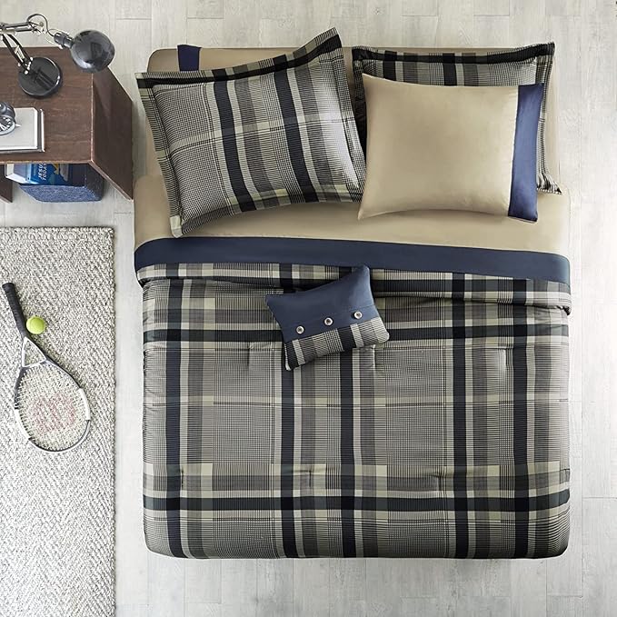 Intelligent Design Robbie Cozy Comforter Set Bed in A Bag, Modern Casual All Season Bedding Set, Matching Sham, Decorative Pillow, Navy/Tan, Full, 9 Piece - LeafyLoom