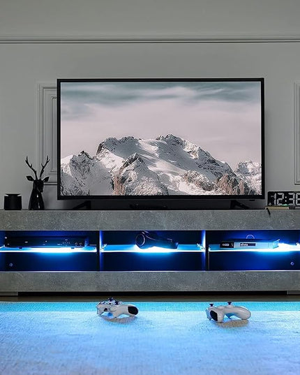 HOMMPA LED TV Stand for 65 inch TV Grey Black TV Stand with Led Lights Modern TV Entertainment Center with Glass Shelves TV Media Console for Living Room - LeafyLoom