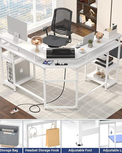 Aheaplus L Shaped Gaming Desk with Power Outlets & LED Lights, Computer Corner Desk with Monitor Stand and Storage Shelf, Home Office Writing Desk with Storage Bag, White - LeafyLoom