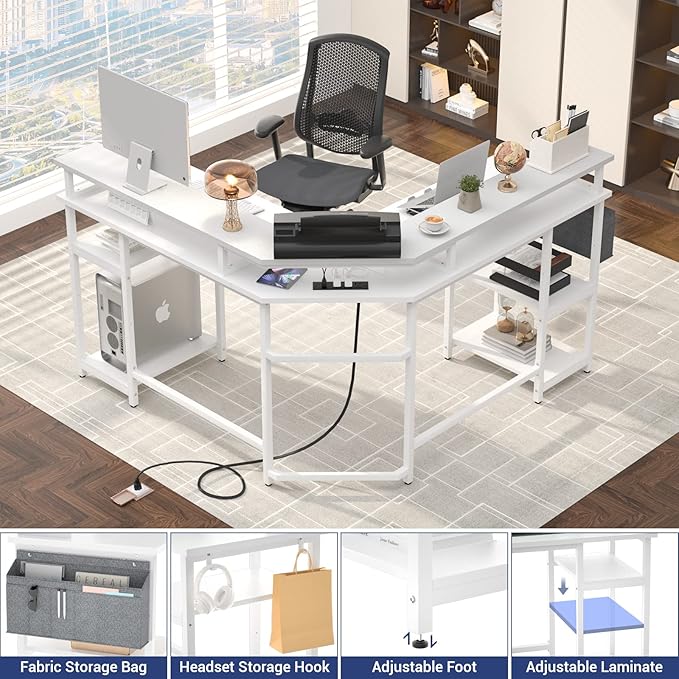 Aheaplus L Shaped Gaming Desk with Power Outlets & LED Lights, Computer Corner Desk with Monitor Stand and Storage Shelf, Home Office Writing Desk with Storage Bag, White - LeafyLoom