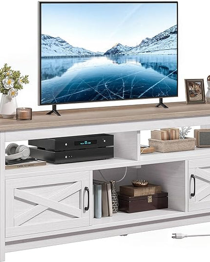 YITAHOME TV Stand for 75 Inch TV w/Power Outlets, Farmhouse Entertainment Center with Storage Cabinets, Rustic TV Cabinet Media Console Table for Living Room, 65'' Large TV Stand, Grey White/Grey Wash - LeafyLoom
