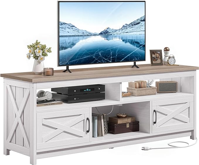 YITAHOME TV Stand for 75 Inch TV w/Power Outlets, Farmhouse Entertainment Center with Storage Cabinets, Rustic TV Cabinet Media Console Table for Living Room, 65'' Large TV Stand, Grey White/Grey Wash - LeafyLoom