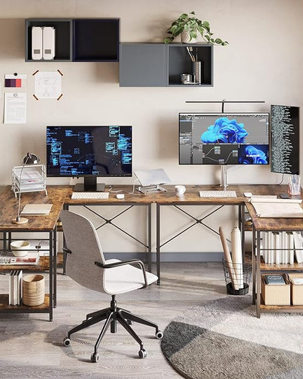 Bestier L Shaped Desk with Shelves 86.6 Inch Reversible Corner Computer Desk or 2 Person Long Table for Home Office Large Gaming Writing Storage Workstation P2 Board with 3 Cable Holes, Rustic Brown - LeafyLoom