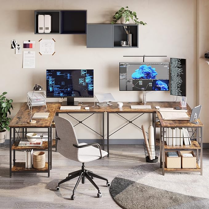 Bestier L Shaped Desk with Shelves 86.6 Inch Reversible Corner Computer Desk or 2 Person Long Table for Home Office Large Gaming Writing Storage Workstation P2 Board with 3 Cable Holes, Rustic Brown - LeafyLoom