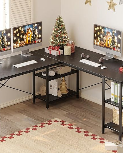 Bestier 95.2” L Shaped Desk, Reversible Corner Computer Desk or 2 Person Long Table with Adjustable Shelves, Large Writing Study Workstation with 3 Cable Holes - Black - LeafyLoom