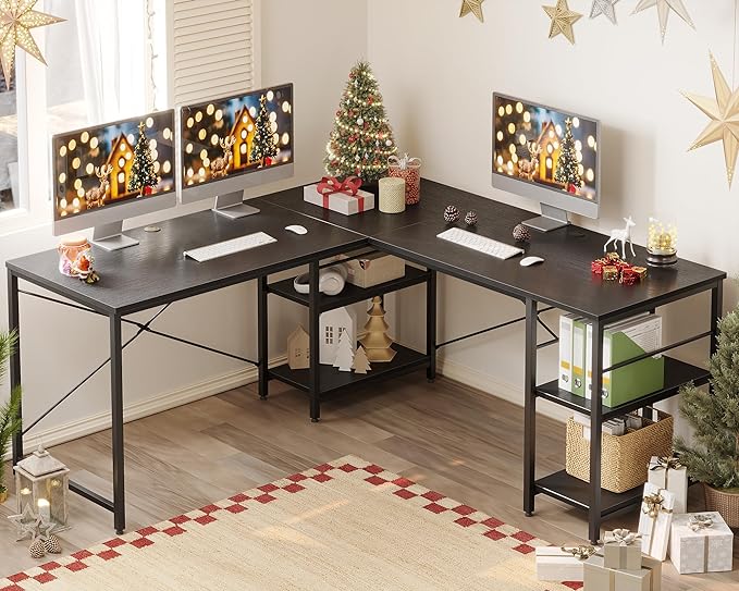 Bestier 95.2” L Shaped Desk, Reversible Corner Computer Desk or 2 Person Long Table with Adjustable Shelves, Large Writing Study Workstation with 3 Cable Holes - Black - LeafyLoom
