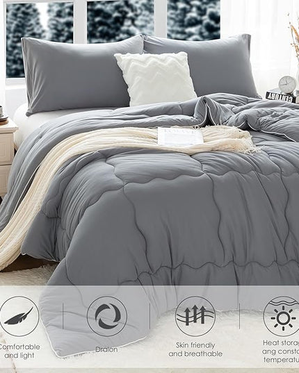 COTTEBED Ultra-Soft Warm Comforter Set Queen/Full Size Bed, Thick Milk Cup Breathable Fluffy Bedding Down Alternative & Pillowcase for Man Women Girl Winter Dark Grey - LeafyLoom