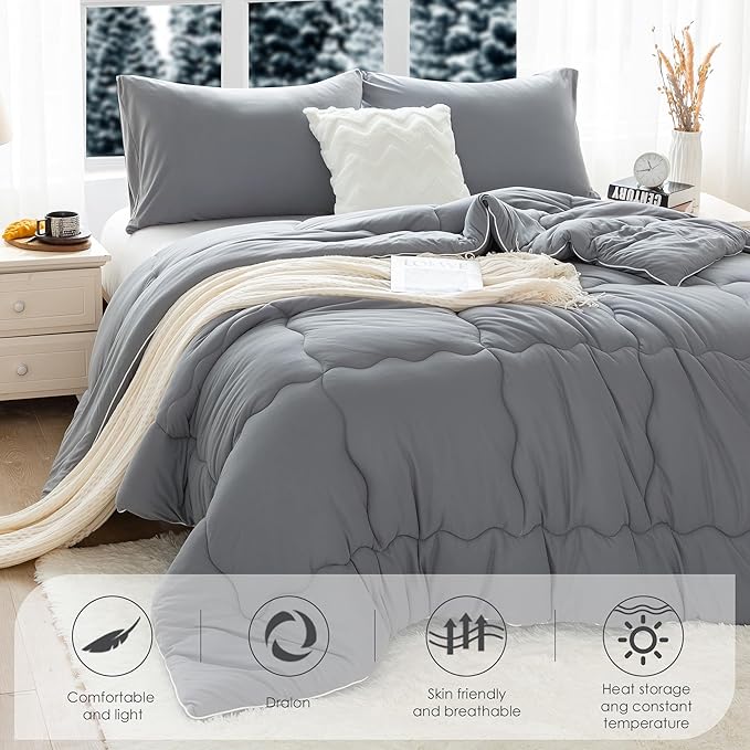 COTTEBED Ultra-Soft Winter King Size Comforter Set, Warm California Cal King Thick Milk Cup Cozy Fully Breathable Bedding 1 Down Alternative with 2 Pillowcase for Winter, Dark Gray - LeafyLoom