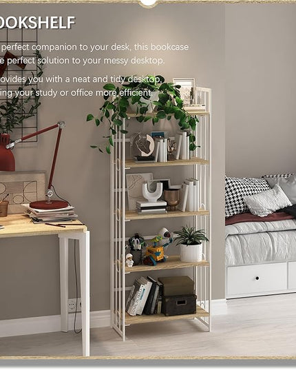 4NM No-Assembly 5 Tiers Folding Bookshelf Storage Shelves Vintage Bookcase Standing Racks Study Organizer Home Office - Natural and White - LeafyLoom