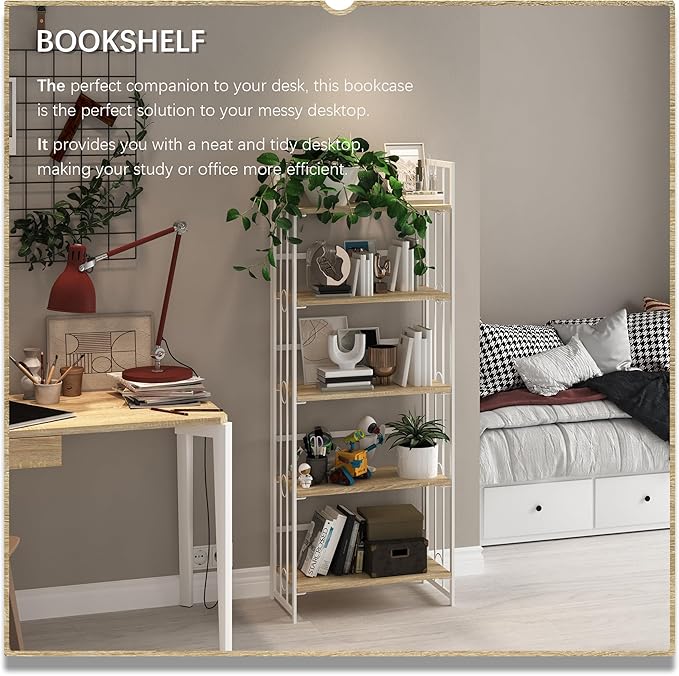 4NM No-Assembly 5 Tiers Folding Bookshelf Storage Shelves Vintage Bookcase Standing Racks Study Organizer Home Office - Natural and White - LeafyLoom