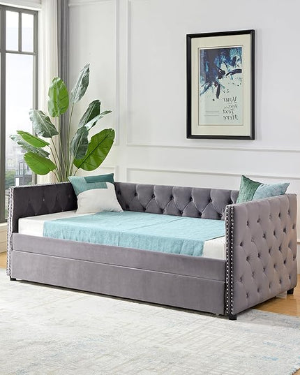 Twin Size Velvet Upholstered Daybed with Twin Trundle, Solid Wood Sofa Bed w/Button Tufted Backrest, for Living Room, Bedroom, Dorm, No Box Spring Needed, Space-Saving Design, Grey - LeafyLoom
