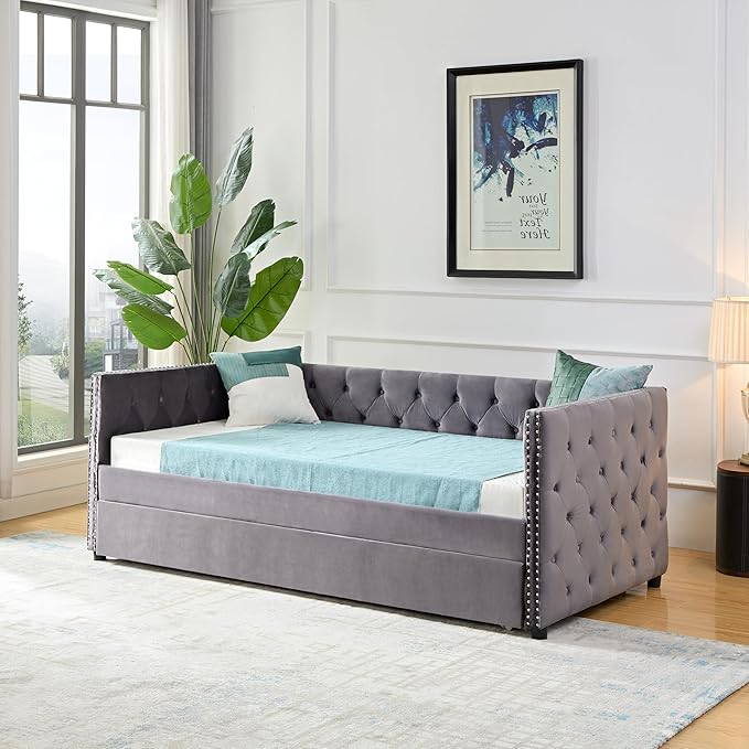 Twin Size Velvet Upholstered Daybed with Twin Trundle, Solid Wood Sofa Bed w/Button Tufted Backrest, for Living Room, Bedroom, Dorm, No Box Spring Needed, Space-Saving Design, Grey - LeafyLoom