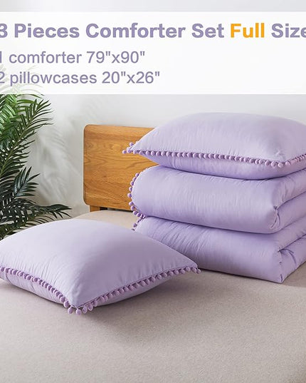 Litanika Comforter Full Size Set Lavender Purple,3 Pieces Lavender Purple Boho Pom Pom Lightweight Bed Comforter Full,All Season Soft Bedding Comforter Sets (1 Comforter 79x90 Inch, 2 Pillowcases) - LeafyLoom