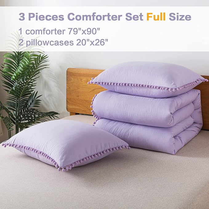 Litanika Comforter Full Size Set Lavender Purple,3 Pieces Lavender Purple Boho Pom Pom Lightweight Bed Comforter Full,All Season Soft Bedding Comforter Sets (1 Comforter 79x90 Inch, 2 Pillowcases) - LeafyLoom
