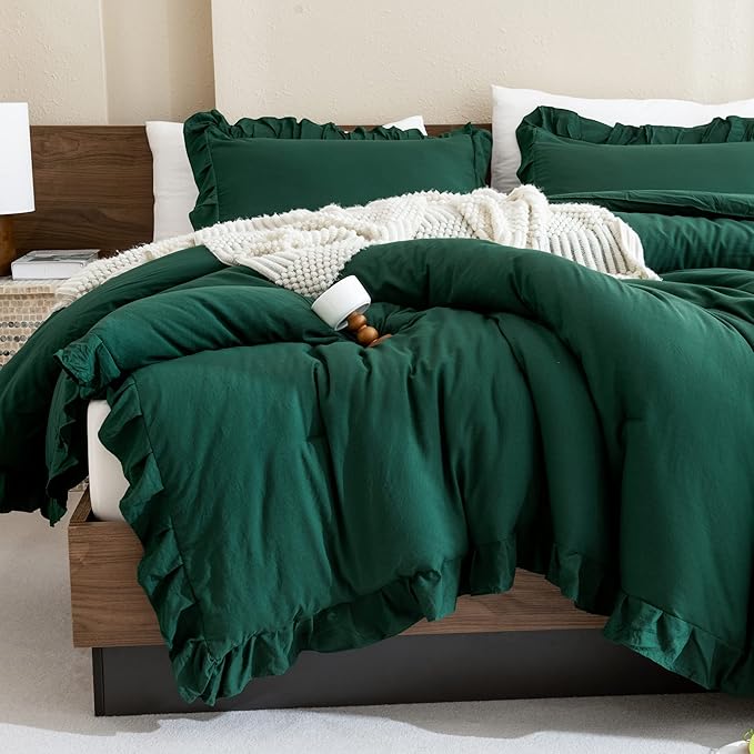 Andency Dark Emerald Green Comforter Set King, 3 Pieces Lightweight Ruffle Bedding Comforter Sets, Farmhouse Ruffle Bed Comforter Set, Lightweight and Soft Bedding Comforter for All Seasons - LeafyLoom