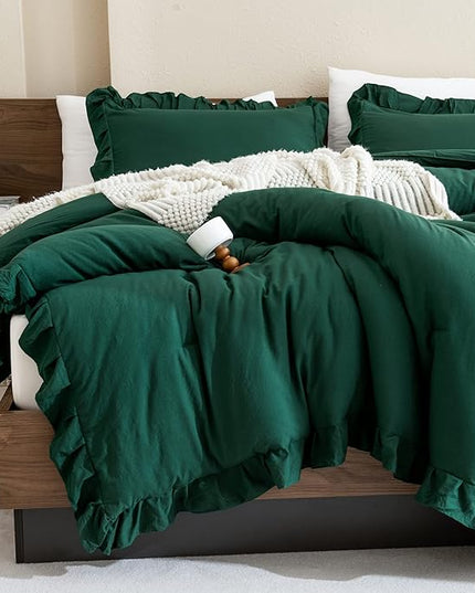 Andency Dark Emerald Green Comforter Set Queen, 3 Pieces Solid Ruffle Farmhouse Bedding Set for Queen Bed, Lightweight Soft Ruffled Bed Comforter Set for All Seasons - LeafyLoom
