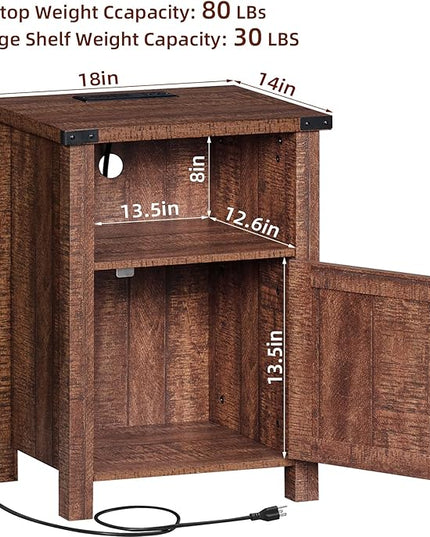 Night Stand Set of 2, 18 Inch Farmhouse Nightstand with with Charging Station and USB Port, Rustic Wood Bedside Table with Magnetic Door, Bed Side Tables for Bedroom, Reclaimed Barnwood - LeafyLoom