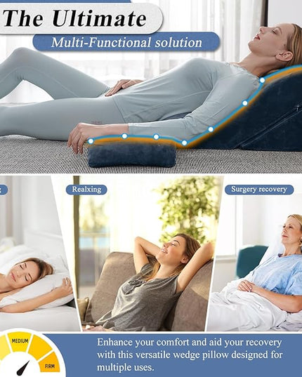 Axelrod Bed Wedge Pillow Set Foam | Adjustable Pillows for Back, Leg and Knee Pain Relief | Post Surgery Ortho Pillow – Anti Snoring, Heartburn, Acid Reflux & GERD- Indigo - LeafyLoom