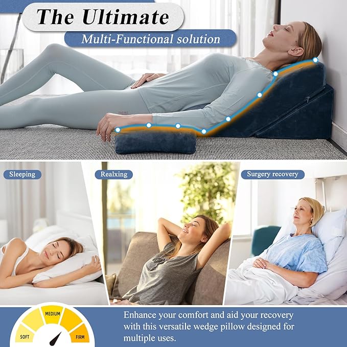 Axelrod Bed Wedge Pillow Set Foam | Adjustable Pillows for Back, Leg and Knee Pain Relief | Post Surgery Ortho Pillow – Anti Snoring, Heartburn, Acid Reflux & GERD- Indigo - LeafyLoom