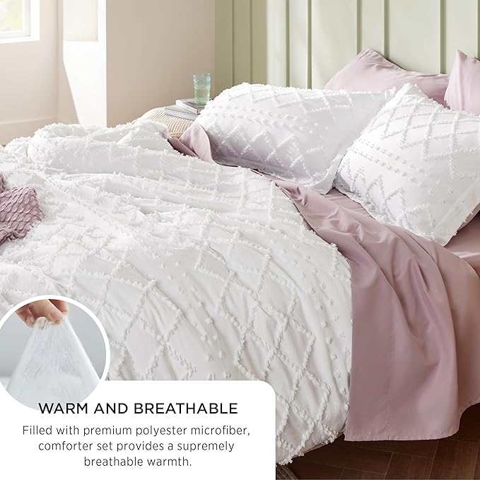 Bedsure Queen Comforter Set - Dusty Rose Boho Comforter, Tufted Shabby Chic Bedding Comforter Set, 3 Pieces Vintage Farmhouse Bed Set for All Seasons, Fluffy Soft Bedding Set with 2 Pillow Shams - LeafyLoom