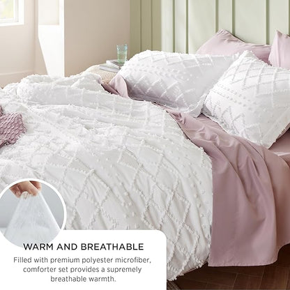 Bedsure Queen Comforter Set - Dusty Rose Boho Comforter, Tufted Shabby Chic Bedding Comforter Set, 3 Pieces Vintage Farmhouse Bed Set for All Seasons, Fluffy Soft Bedding Set with 2 Pillow Shams - LeafyLoom