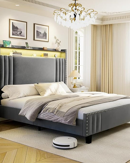 King Size Bed Frame with Tall Headboard & LED Light,Velvet Upholstered Wingback Storage Headboard with Charging Station,Tufted Platform Bed Frame,No Box Spring Needed Dark Grey - LeafyLoom