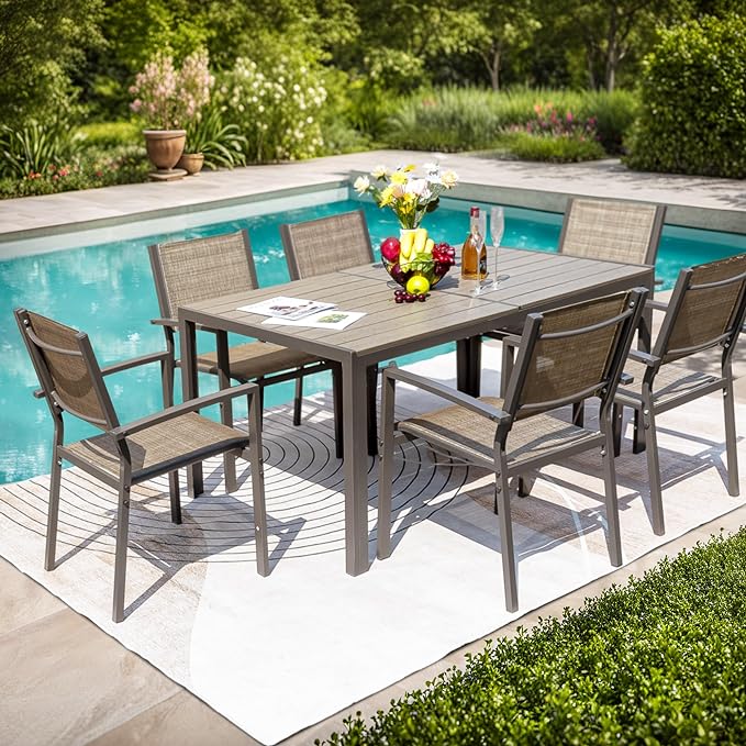 JUMMICO Outdoor Dining Set 7 Piece Patio Furniture Set with Weather Resistant Table and 6 Textilene Chairs for Yard, Deck and Poolside (Brown) - LeafyLoom