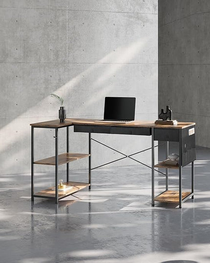 Ｍａｉｈａｉｌ Maihail Home Office Desk with Drawers and Shelves, 55” Computer Corner Desk for Small Space, Small L Shaped Desk with Side Storage for Bedroom, Rustic Brown - LeafyLoom