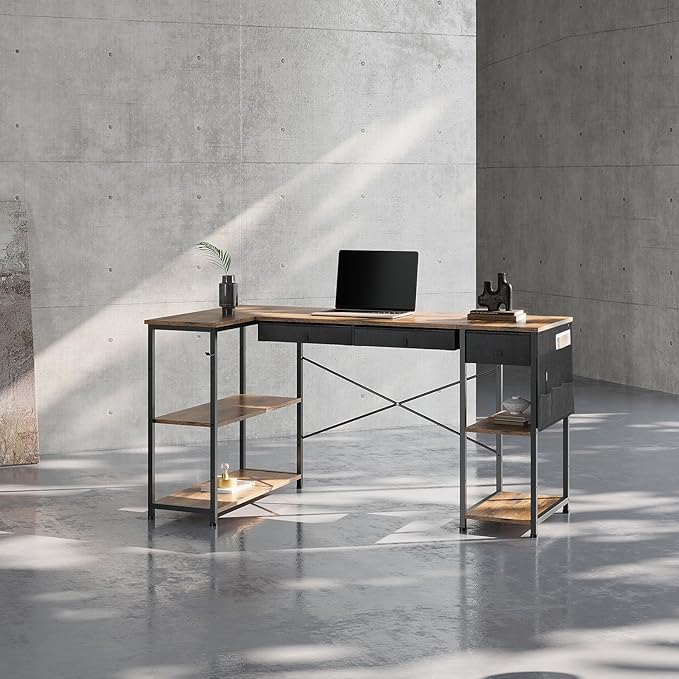 Ｍａｉｈａｉｌ Maihail Home Office Desk with Drawers and Shelves, 55” Computer Corner Desk for Small Space, Small L Shaped Desk with Side Storage for Bedroom, Rustic Brown - LeafyLoom
