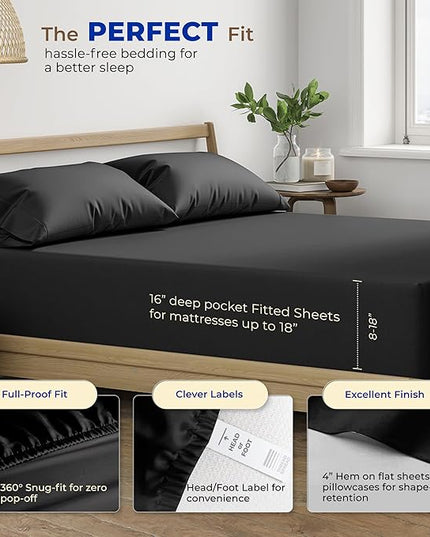 THREAD SPREAD Luxury King Size Sheets Set Egyptian Cotton - 600 Thread Count Sheets King 4 PC Luxury Sheets King Size, 16" Deep Pocket, Soft, Cooling Sateen Weave Hotel Luxury Bed Sheets Set - Black - LeafyLoom