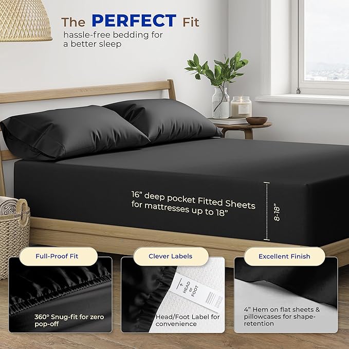 THREAD SPREAD Luxury King Size Sheets Set Egyptian Cotton - 600 Thread Count Sheets King 4 PC Luxury Sheets King Size, 16" Deep Pocket, Soft, Cooling Sateen Weave Hotel Luxury Bed Sheets Set - Black - LeafyLoom