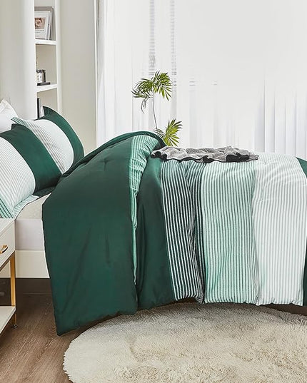 WONGS BEDDING Comforter Set Queen, Reversible Emerald Green Striped Patchwork Down Alternative Comforter for Queen Bed,3 Pieces (1 Comforter+2 Pillowcases), Soft Microfiber Bedding Set 90"×90" - LeafyLoom