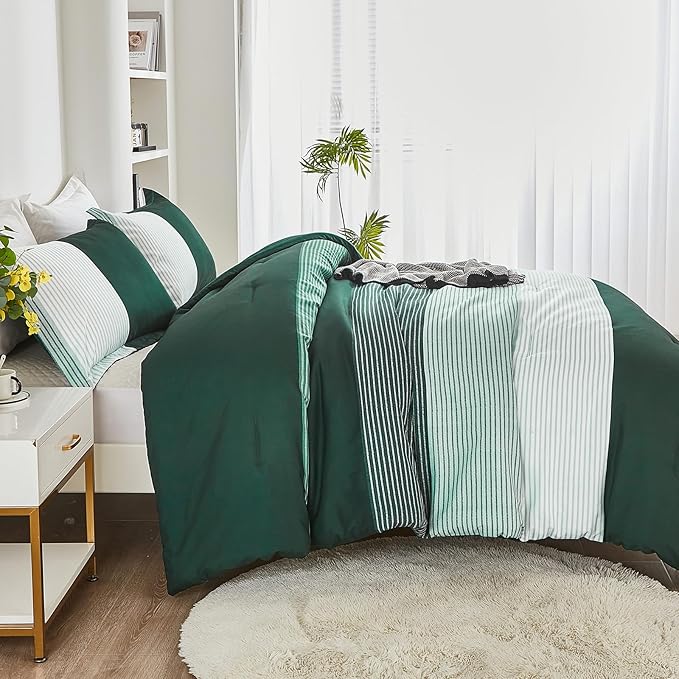 WONGS BEDDING Comforter Set King, Reversible Emerald Green Striped Down Alternative Comforter for King Bed,3 Pieces (1 Comforter+2 Pillowcases), Soft Microfiber Bedding Duvet Set 104"×90" - LeafyLoom