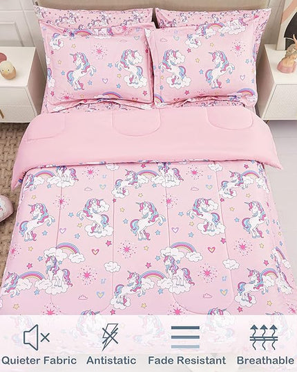 Mooreeke Kids Comforter Bed Set Full Size for s Girls, 8 Pieces Bed in a Bag with Shams, Sheet Set, Pink Unicorn Full Soft Microfiber Kids Comforter Bedding Set - LeafyLoom