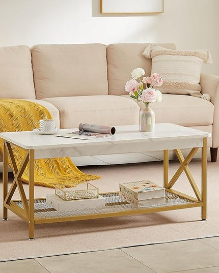 VECELO Coffee Table with Storage Shelf for Living Room,Industrial Style,Easy Assembly, Gold - LeafyLoom
