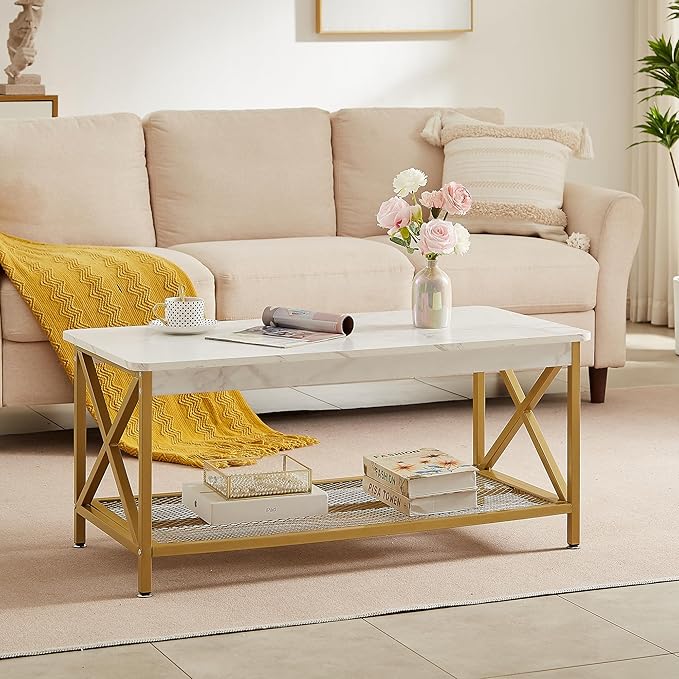 VECELO Coffee Table with Storage Shelf for Living Room,Industrial Style,Easy Assembly, White Gold - LeafyLoom