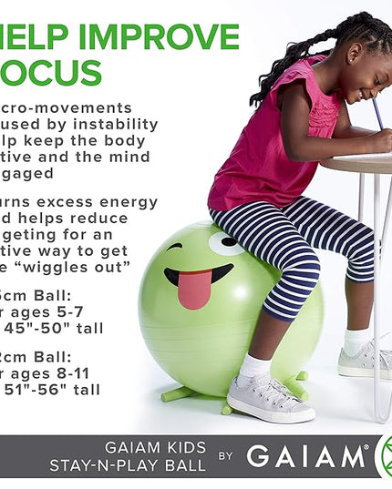 Gaiam Kids Stay-N-Play Children's Balance Ball, Flexible School Chair Active Classroom Desk Alternative Seating, Built-In Stay-Put Soft Stability Legs, Includes Air Pump, 45cm, Purple Miss Sunshine - LeafyLoom