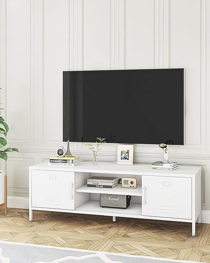 TV Stand for 55 60 inch TV, Metal TV Cabinet Modern Mid Century Entertainment Center with Storage, TV Industrial Media Console Table 2 Cabinet for Living Room, Bedroom, Office (White) - LeafyLoom
