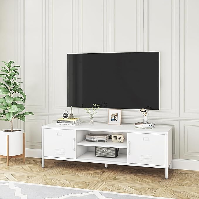 TV Stand for 55 60 inch TV, Metal TV Cabinet Modern Mid Century Entertainment Center with Storage, TV Industrial Media Console Table 2 Cabinet for Living Room, Bedroom, Office (White) - LeafyLoom