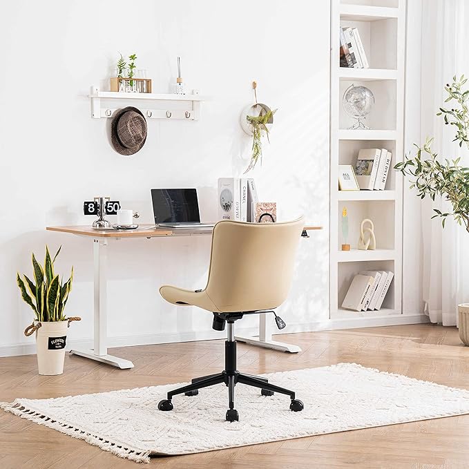 YOUNIKE Office Chair Swivel Desk Chair Upholstered Leather Height Adjustable with Wheels Computer Task Chair Modern Rolling Armless with Back, Beige, Loads 300 lbs - LeafyLoom