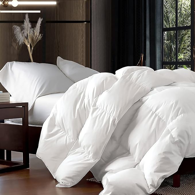 Luxurious Oversized King 108" x 98" Size Goose Down Fiber Waterfowl Feather Fiber Comforter Duvet, 100% Egyptian Cotton Cover, 65 oz. Fill Weight, Baffle Box Design, White Solid - LeafyLoom