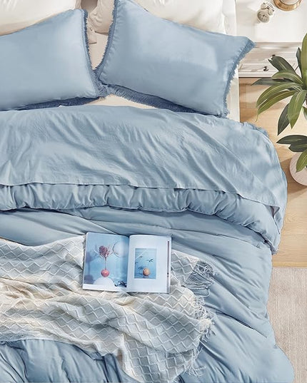 Andency Grayish Blue Comforter Set Queen Size, 3 Pieces Boho Tassel Lightweight Bedding Comforter Sets, All Season Soft Fluffy Fringe Bed Set (90x90In Comforter & 2 Pillowcases) - LeafyLoom