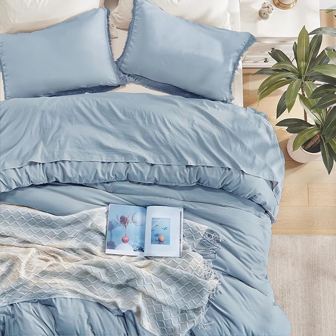 Andency Grayish Blue Comforter Set Queen Size, 3 Pieces Boho Tassel Lightweight Bedding Comforter Sets, All Season Soft Fluffy Fringe Bed Set (90x90In Comforter & 2 Pillowcases) - LeafyLoom