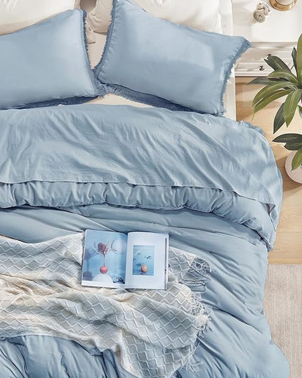 Andency Grayish Blue Comforter Set Full Size, 3 Pieces Boho Tassel Lightweight Bedding Comforter Sets, All Season Soft Fluffy Fringe Bed Set (79x90In Comforter & 2 Pillowcases) - LeafyLoom