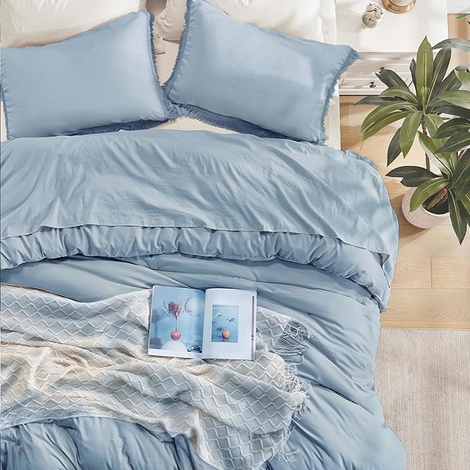 Andency Grayish Blue Comforter Set Full Size, 3 Pieces Boho Tassel Lightweight Bedding Comforter Sets, All Season Soft Fluffy Fringe Bed Set (79x90In Comforter & 2 Pillowcases) - LeafyLoom