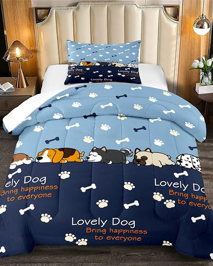 2Pcs Cartoon Dog Comforter Set Twin Comforter Set for Boys Lovely Puppy Patterns Bedding Set Fun Animal Lover Comforter Lovely Dog Paw Bones Quilt with 1 Pillowcase, Twin Size - LeafyLoom