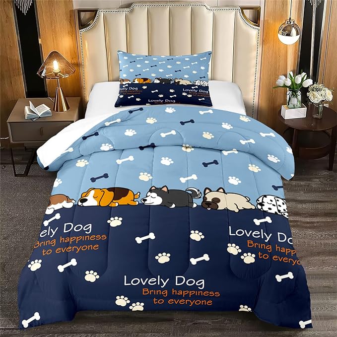 2Pcs Cartoon Dog Comforter Set Twin Comforter Set for Boys Lovely Puppy Patterns Bedding Set Fun Animal Lover Comforter Lovely Dog Paw Bones Quilt with 1 Pillowcase, Twin Size - LeafyLoom