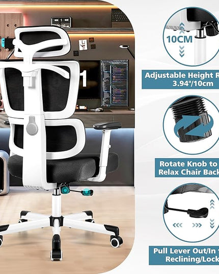 Primy Office Chair Ergonomic Desk Chair, High Back Computer Gaming Chair, Comfy Big and Tall Home Office Chair with Lumbar Support, Breathable Mesh Reclining Chair Adjustable Armrests Headrest(White) - LeafyLoom